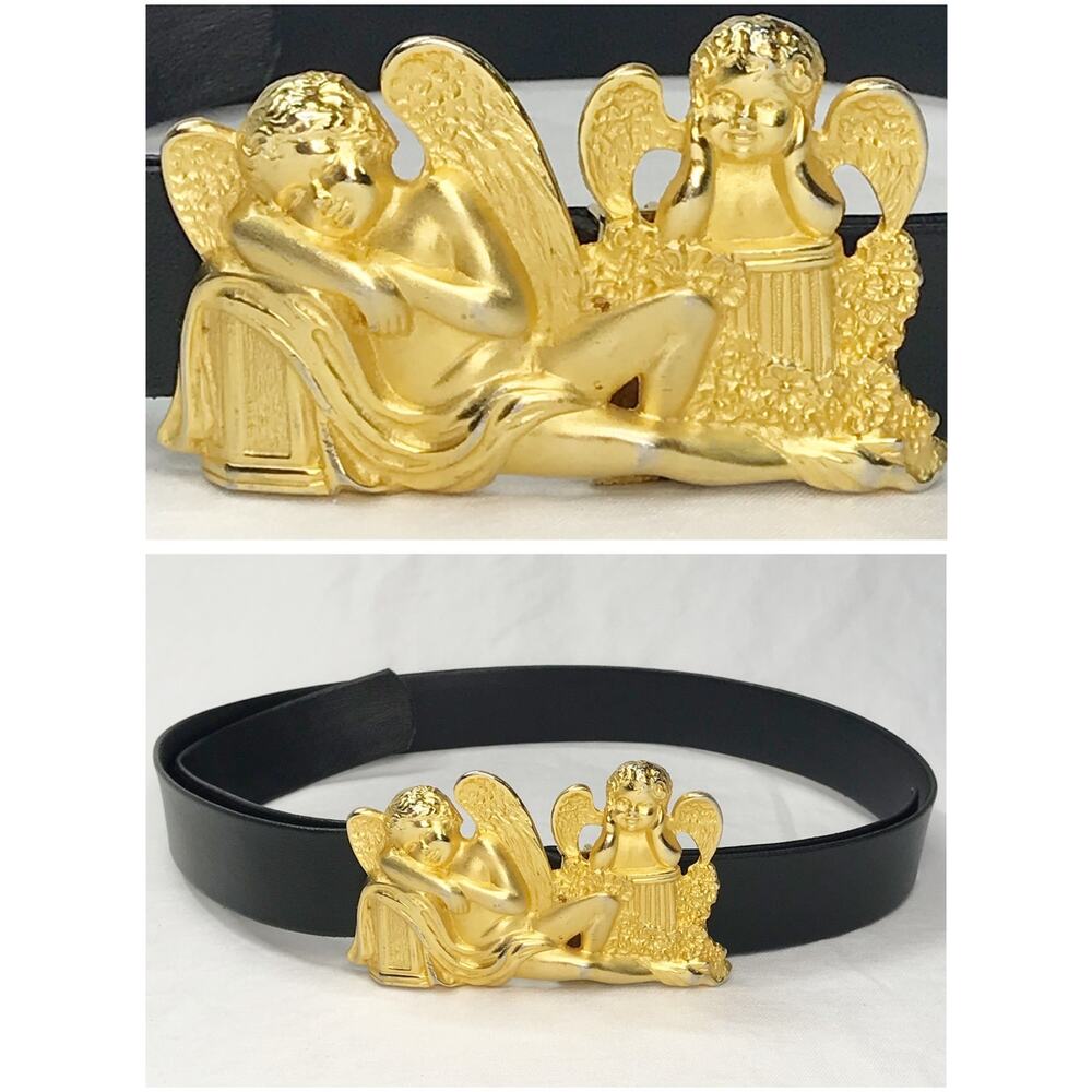 VTG Doreen Ryan Signed Angel Cherubs Belt Brushed Gold Tone 4” Buckle Oversized